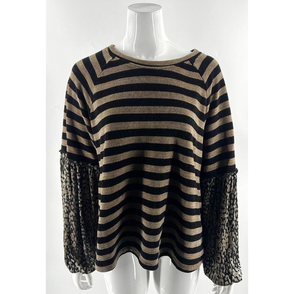 Mystree Sweater Womens Sz Large Brown Black Striped Soft Chenille Bubble Sleeve